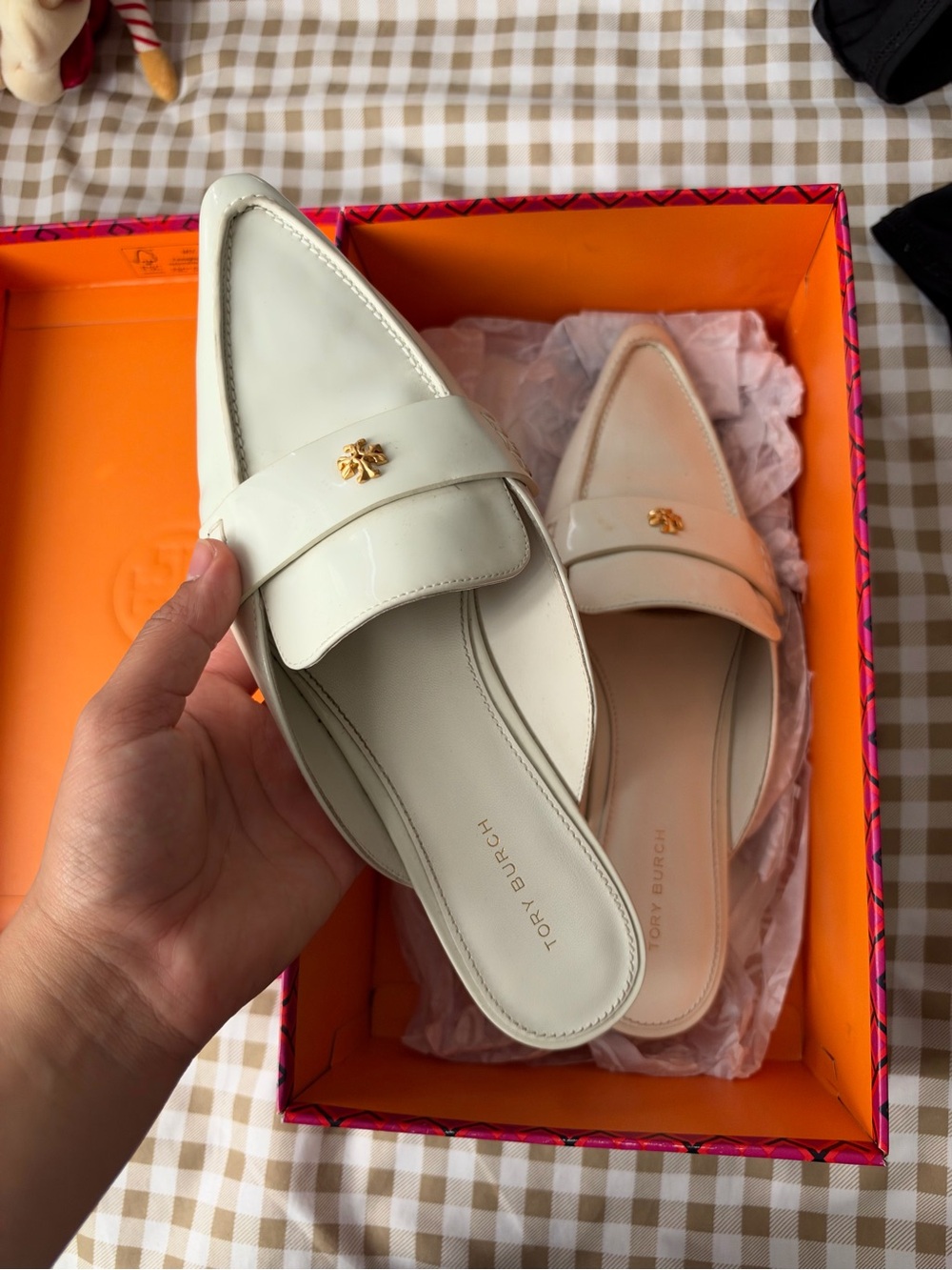Tory Burch Cream Patent Leather Pointed Mules with Gold Logo
